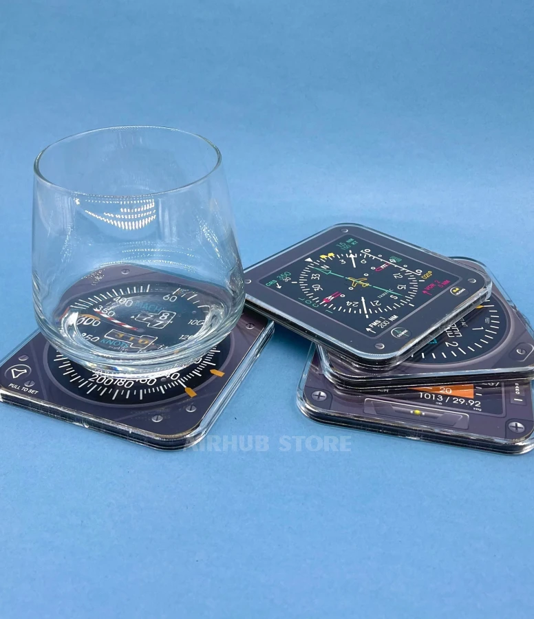 Set of square coasters aviation instruments