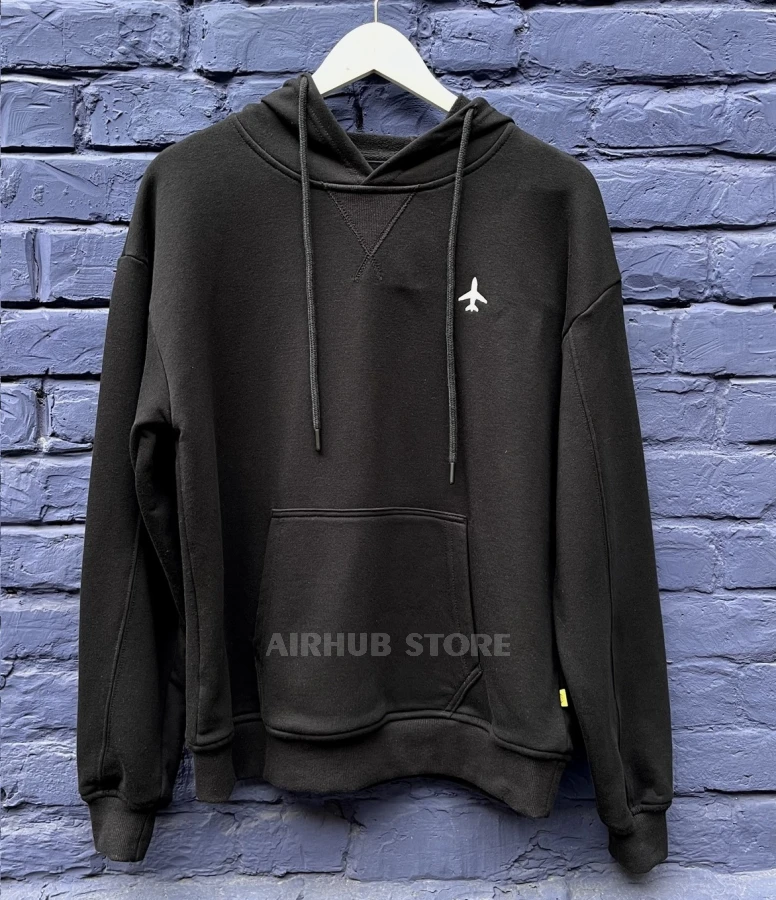 Oversized hoodie with embroidered airplane unisex black