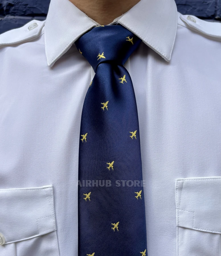 Navy blue tie with yellow airplanes