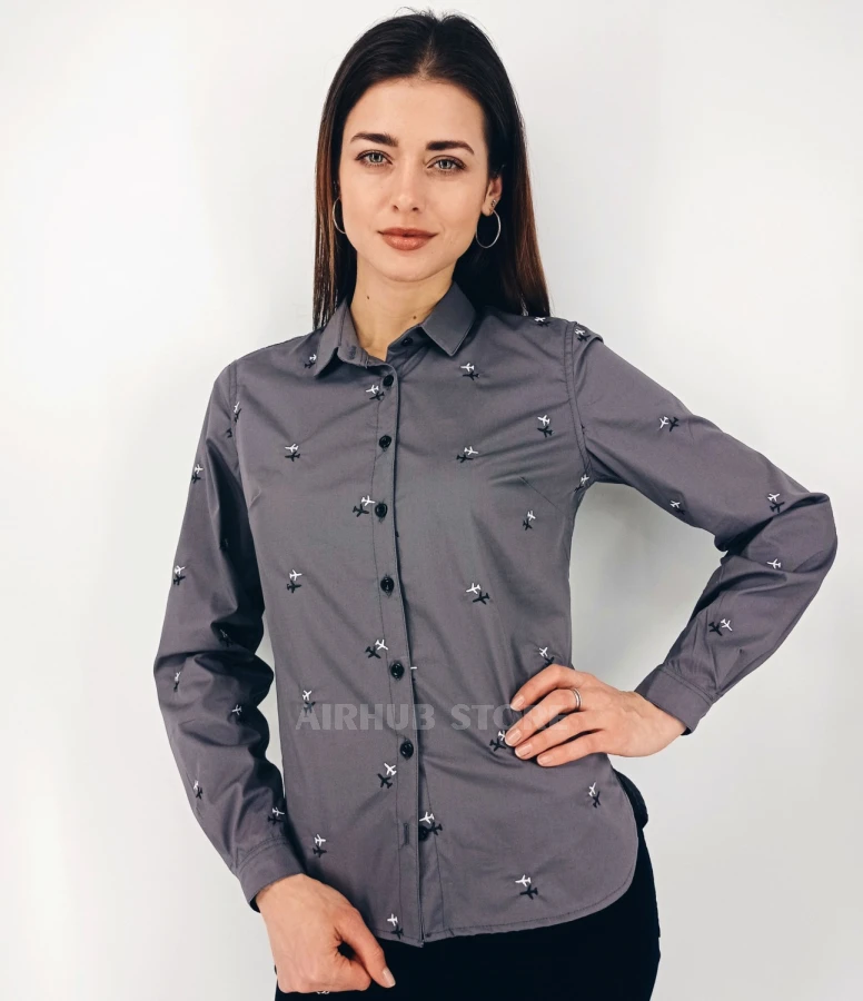 Shirt with embroidered airplanes gray