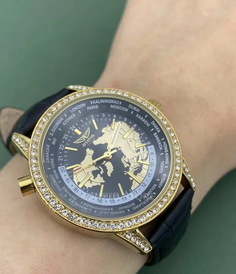 AVIATOR F-Series gold world watch with zirconium stones