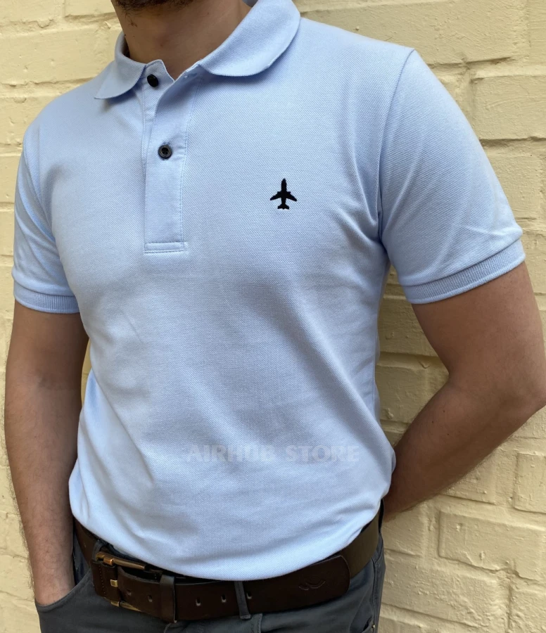 Blue minimalist polo with airplane
