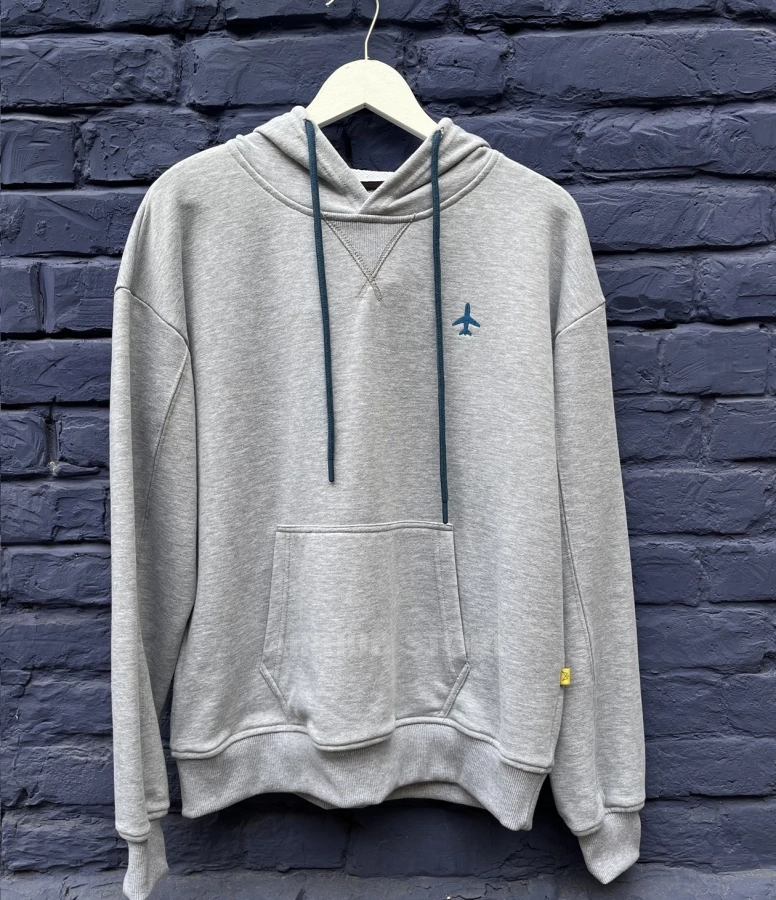 Oversized hoodie with embroidered airplane unisex gray