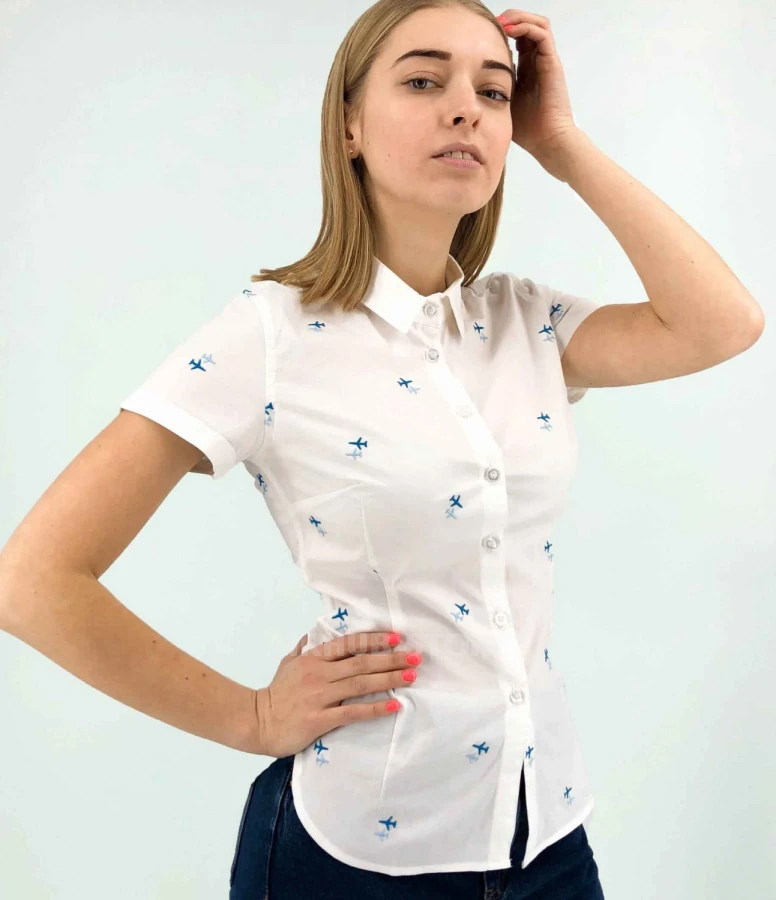 Short Sleeve Shirt with embroidered airplanes white